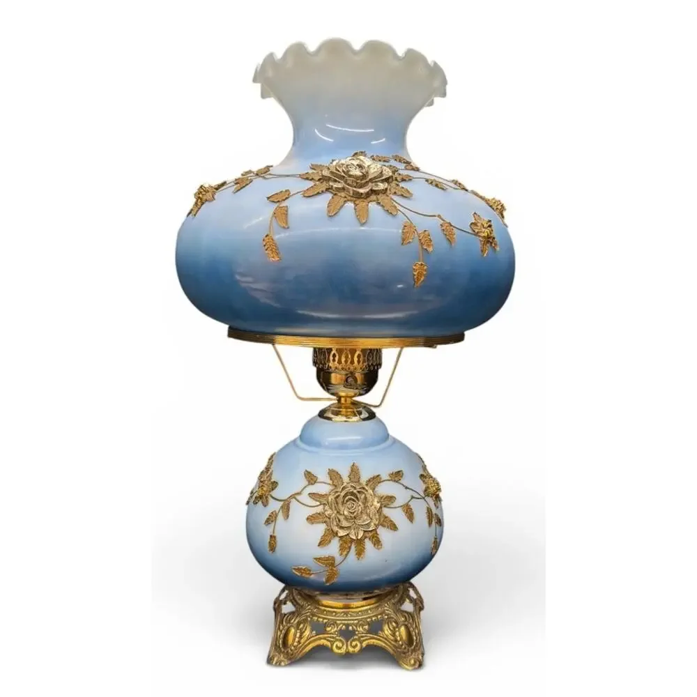 Vintage Falkenstein Style Industries Blue Opaline Hurricane Lamp Floral Dual